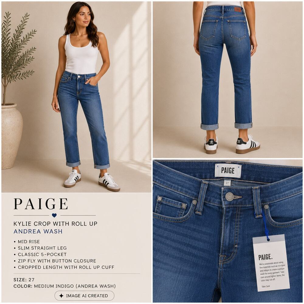 PAIGE Kylie Crop Roll Up Jeans Women's 27 Andrea Wash Mid Rise Skinny Crop Denim